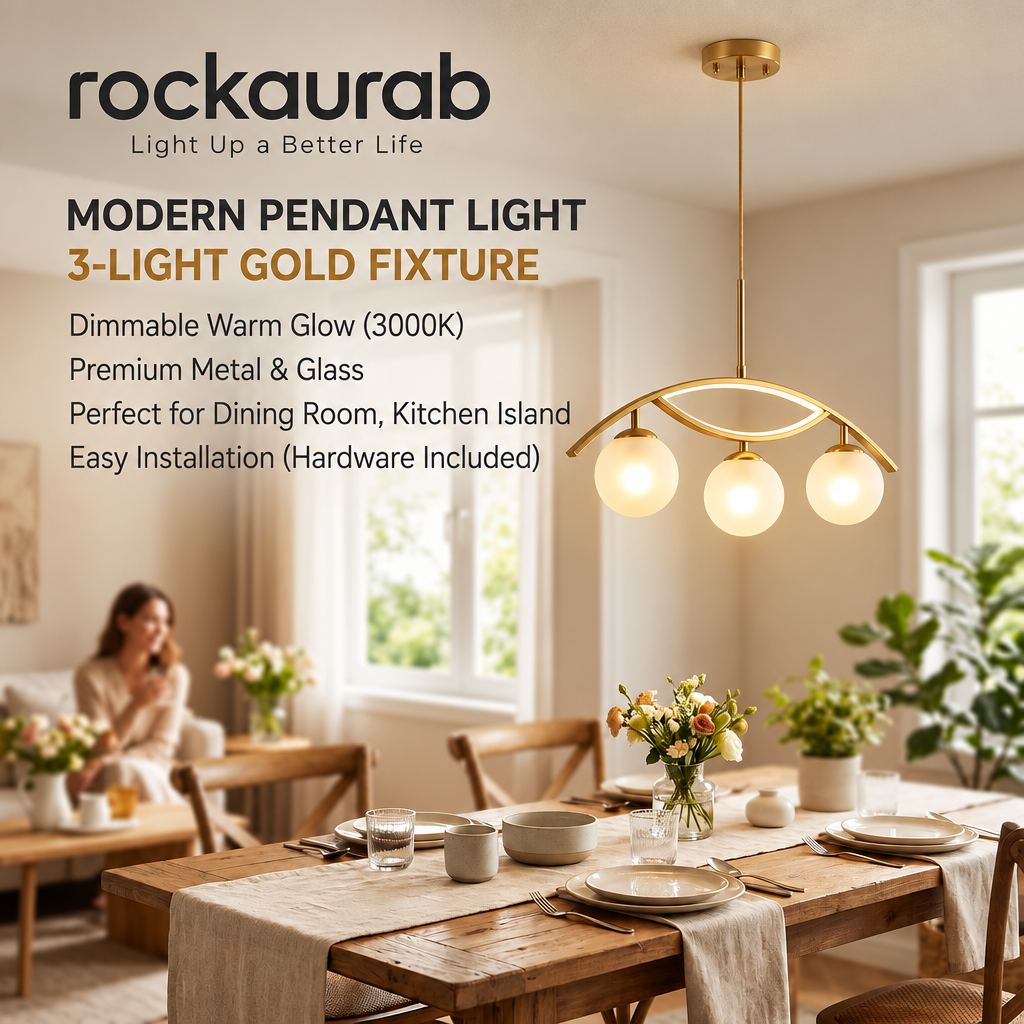 rockaurab Contemporary Brushed Brass Linear Pendant Lighting – 3-Light Frosted Milk Glass Chandelier for Kitchen Island, Dining Table & Living Room