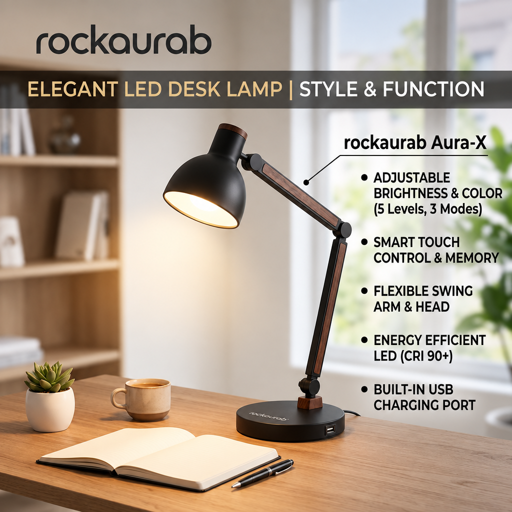rockaurab Modern Matte Black & Wood Desk Lamp – Adjustable Swing Arm Reading Lamp with 3 Color Modes & 5 Brightness Levels