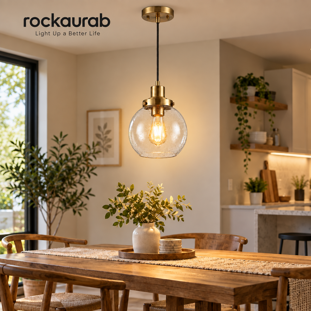 rockaurab Modern Globe Pendant Light with Clear Seeded Glass Shade – Brushed Brass Industrial Farmhouse Hanging Light Fixture for Kitchen Island, Dining Table & Hallway