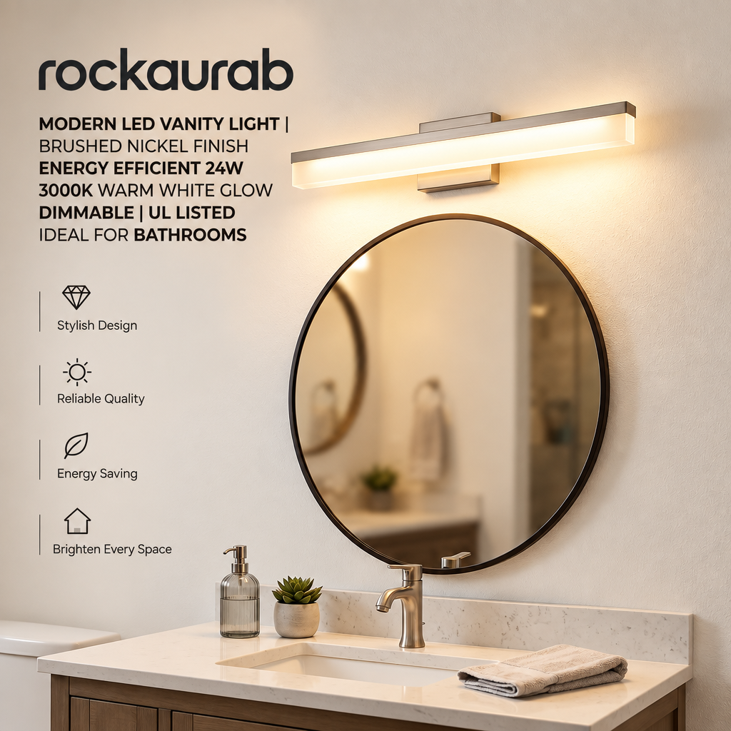 rockaurab Modern LED Bathroom Vanity Light – 24W Dimmable Brushed Nickel Wall Sconce, 3000K Warm White Glow Over-Mirror Lighting (UL Listed)