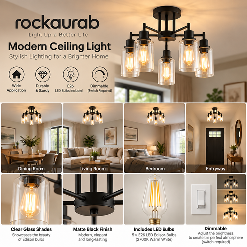 rockaurab Contemporary 5-Light Industrial Ceiling Fixture – Dimmable Matte Black Hanging Lamp with Clear Glass Shades for Dining Room, Living Room & Kitchen