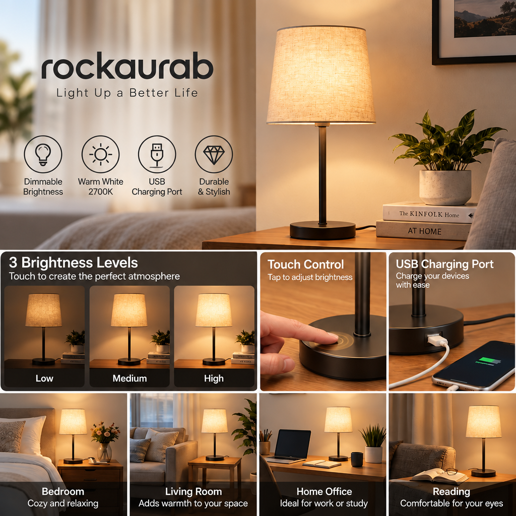 rockaurab Contemporary Small Table Lamp – Warm Light Tapered Drum Shade Lamp with Heavy Metal Base for Nightstand & Reading Nook