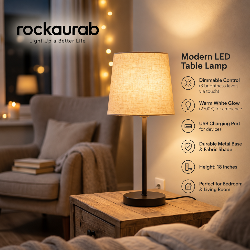 rockaurab Contemporary Small Table Lamp – Warm Light Tapered Drum Shade Lamp with Heavy Metal Base for Nightstand & Reading Nook