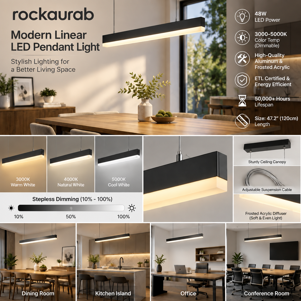 rockaurab Modern LED Linear Pendant Chandelier – Matte Black Hanging Ceiling Fixture with Anti-Glare Acrylic Diffuser for Kitchen Island, Dining Room & Conference Table