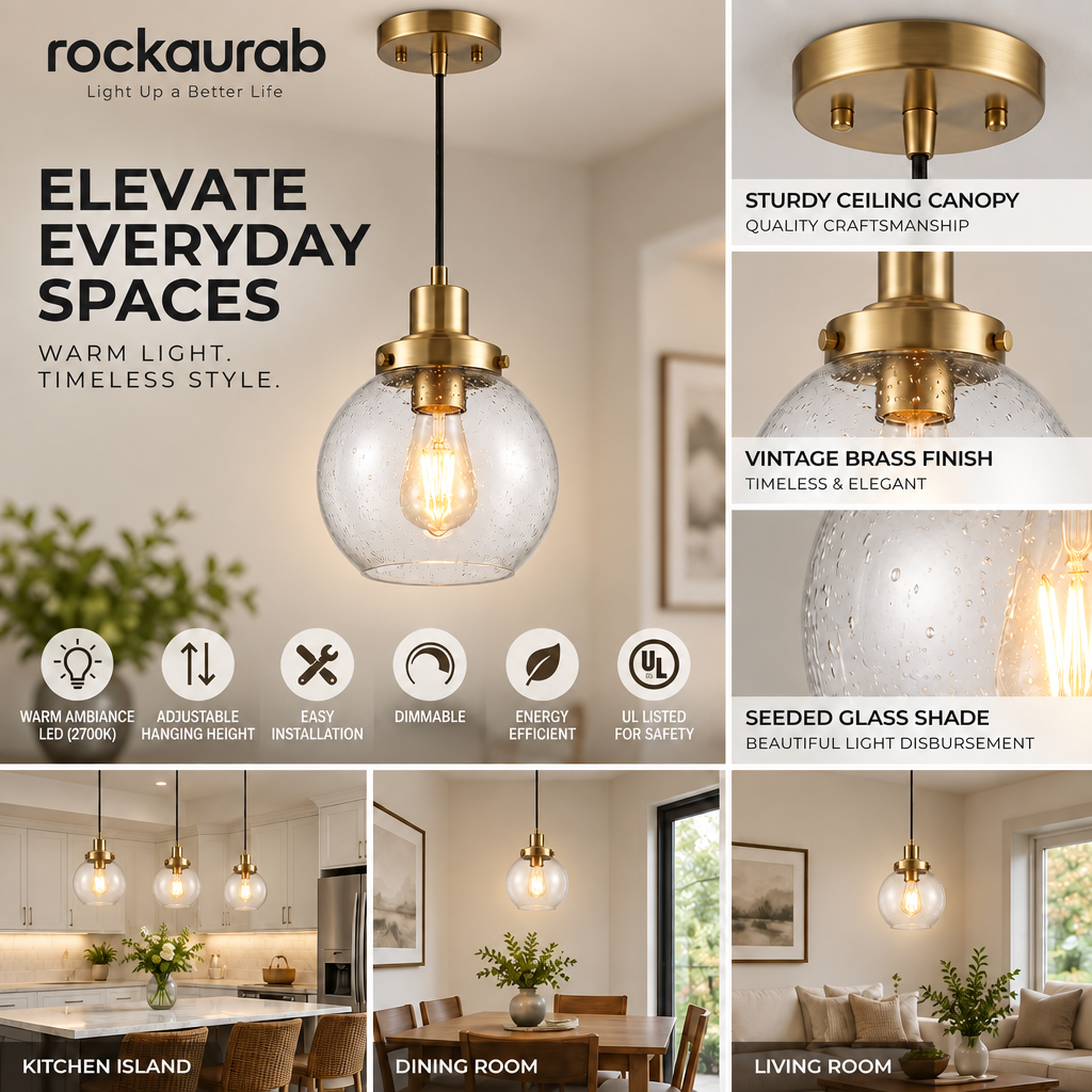 rockaurab Modern Globe Pendant Light with Clear Seeded Glass Shade – Brushed Brass Industrial Farmhouse Hanging Light Fixture for Kitchen Island, Dining Table & Hallway