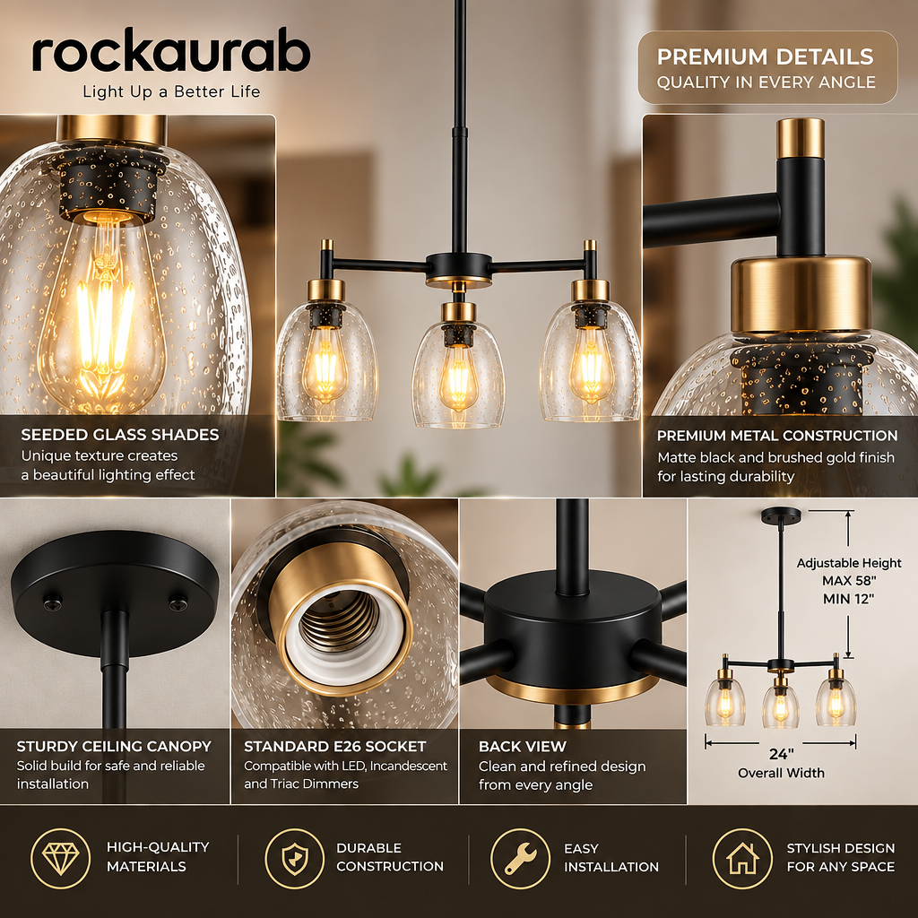 rockaurab Contemporary 3-Light Dining Room Chandelier – Dimmable Warm Glow Hanging Ceiling Fixture with Clear Seeded Glass for Kitchen Island & Living Room