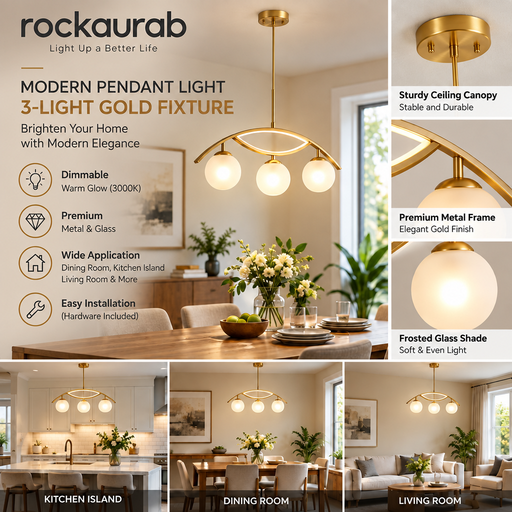 rockaurab Contemporary Brushed Brass Linear Pendant Lighting – 3-Light Frosted Milk Glass Chandelier for Kitchen Island, Dining Table & Living Room