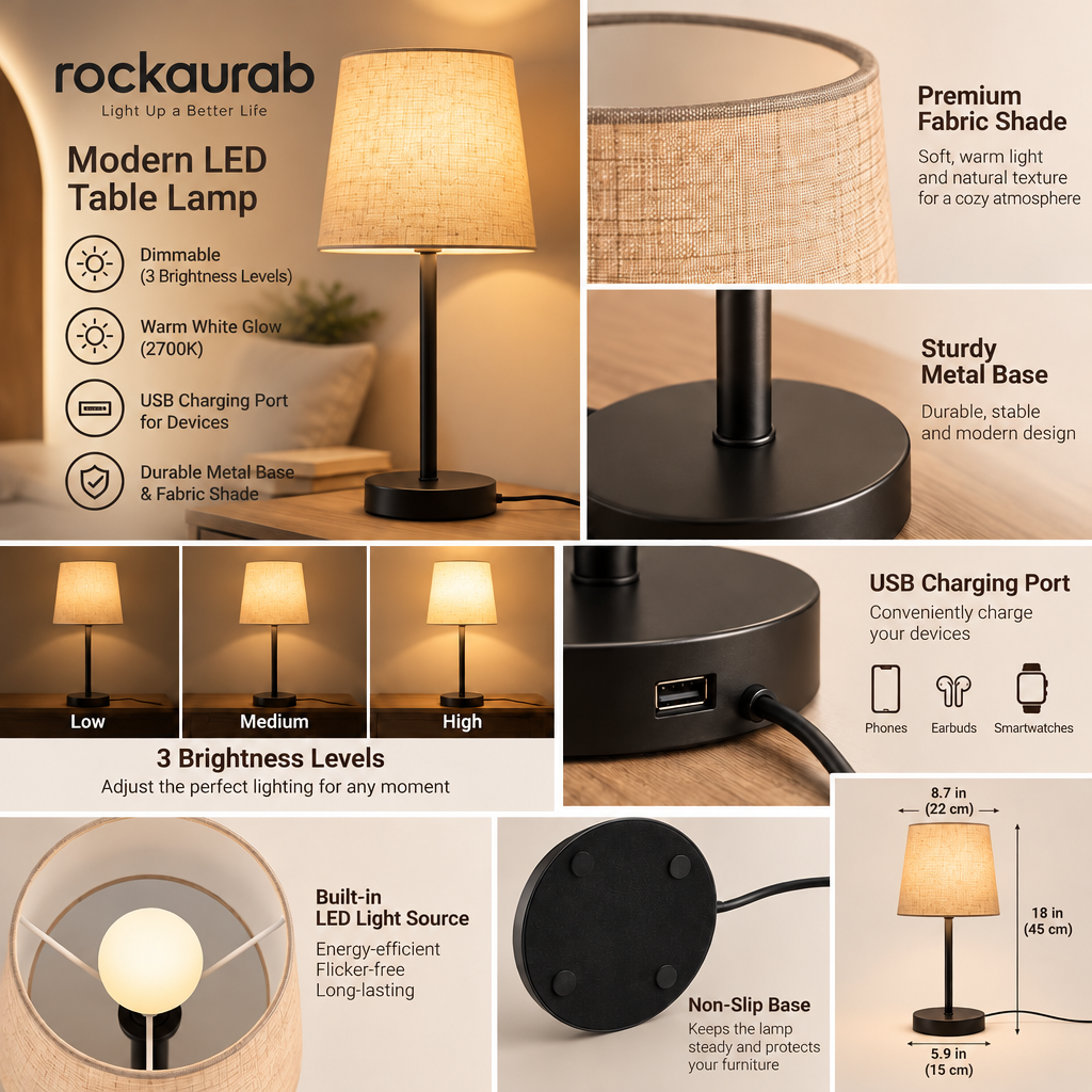 rockaurab Contemporary Small Table Lamp – Warm Light Tapered Drum Shade Lamp with Heavy Metal Base for Nightstand & Reading Nook