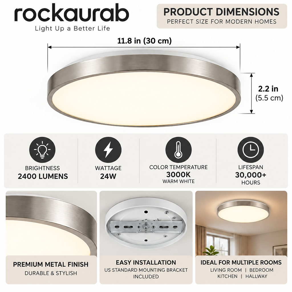 rockaurab Flush Mount LED Ceiling Light Fixture – Modern Brushed Nickel Round Ceiling Lamp, Ultra-Bright 2400 Lumens for Living Room, Bedroom, Kitchen & Hallway