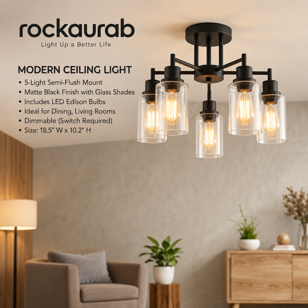 rockaurab Contemporary 5-Light Industrial Ceiling Fixture – Dimmable Matte Black Hanging Lamp with Clear Glass Shades for Dining Room, Living Room & Kitchen