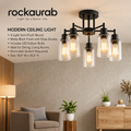 rockaurab Contemporary 5-Light Industrial Ceiling Fixture – Dimmable Matte Black Hanging Lamp with Clear Glass Shades for Dining Room, Living Room & Kitchen