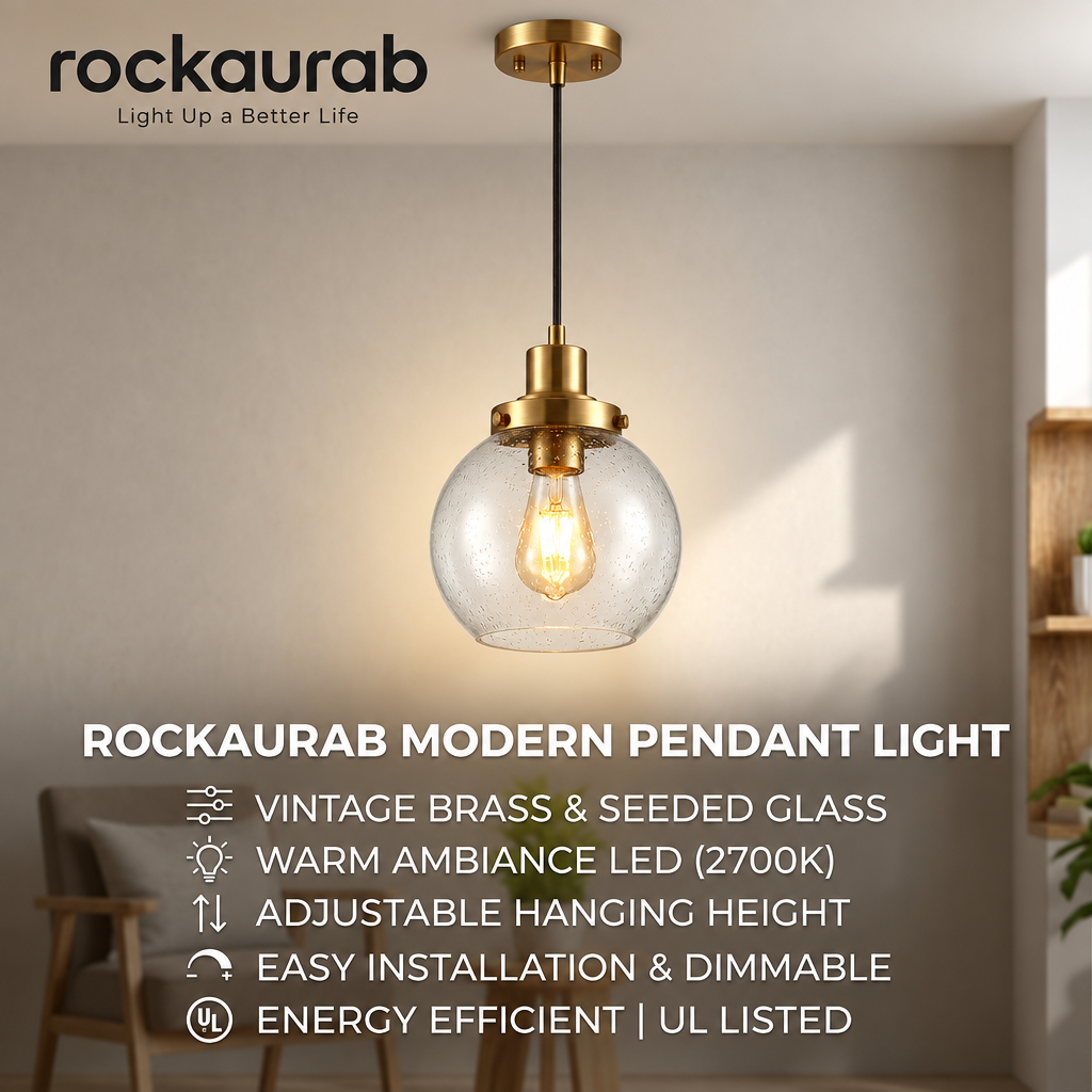 rockaurab Modern Globe Pendant Light with Clear Seeded Glass Shade – Brushed Brass Industrial Farmhouse Hanging Light Fixture for Kitchen Island, Dining Table & Hallway