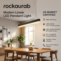 rockaurab Modern LED Linear Pendant Chandelier – Matte Black Hanging Ceiling Fixture with Anti-Glare Acrylic Diffuser for Kitchen Island, Dining Room & Conference Table
