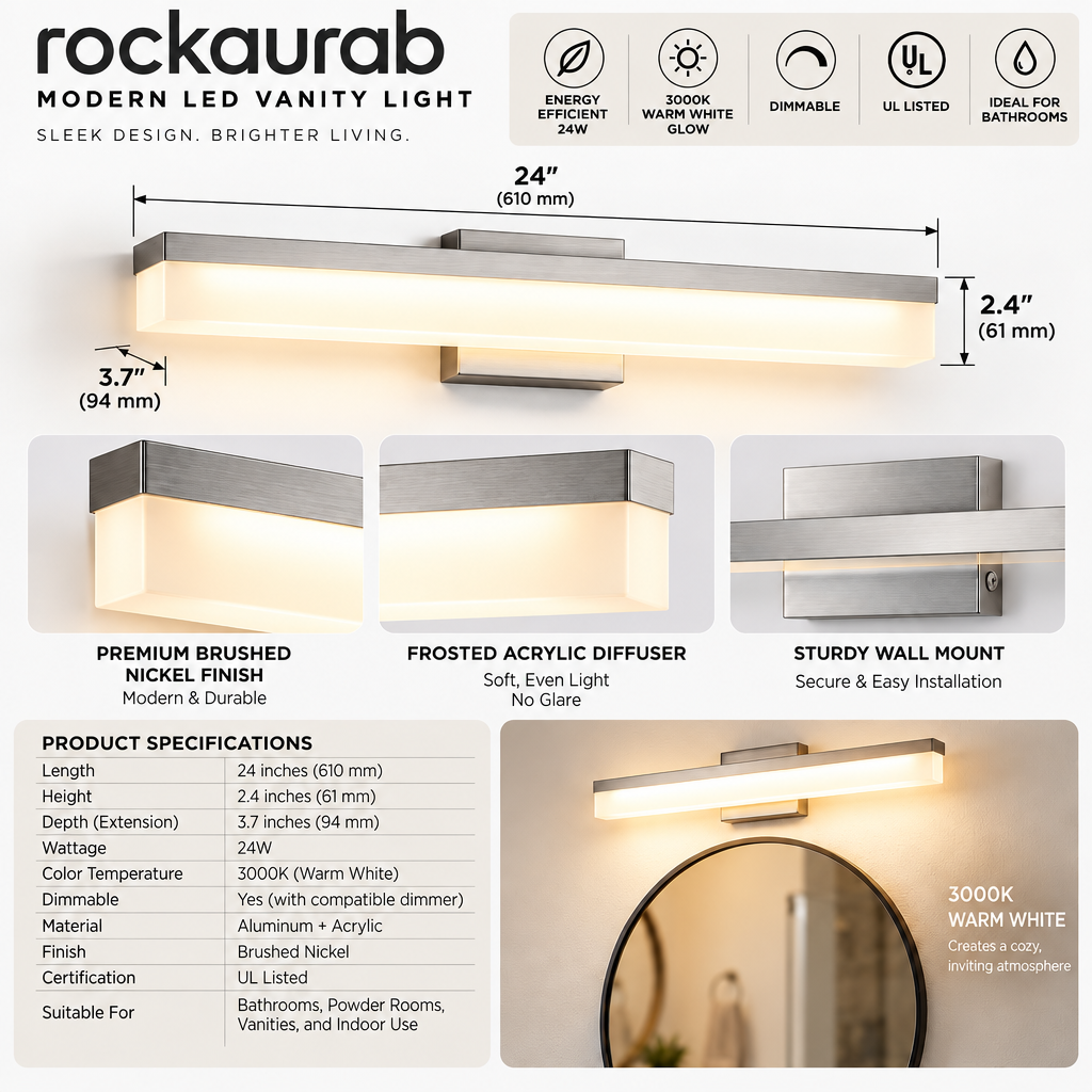 rockaurab Modern LED Bathroom Vanity Light – 24W Dimmable Brushed Nickel Wall Sconce, 3000K Warm White Glow Over-Mirror Lighting (UL Listed)
