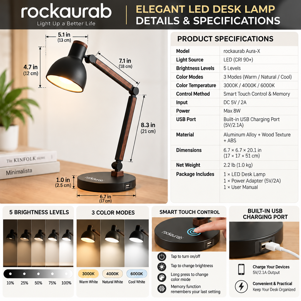 rockaurab Modern Matte Black & Wood Desk Lamp – Adjustable Swing Arm Reading Lamp with 3 Color Modes & 5 Brightness Levels