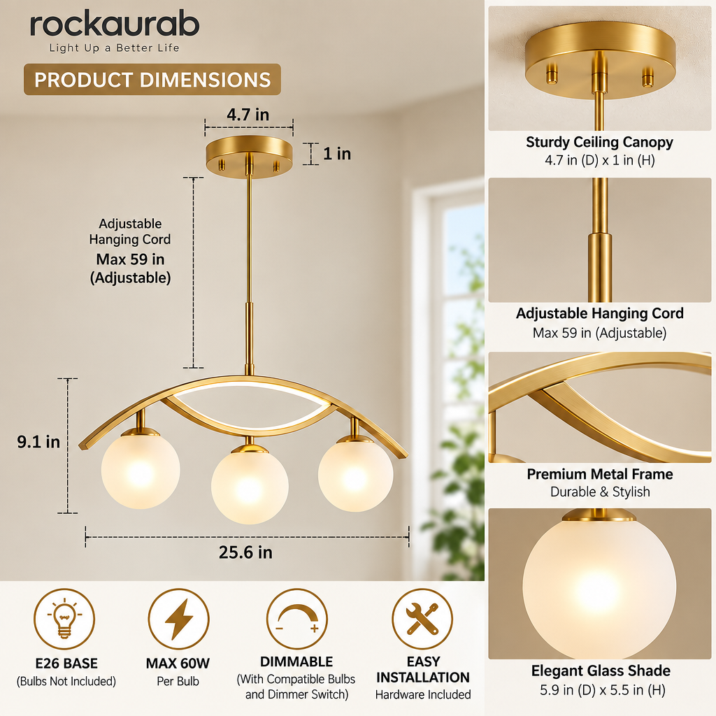 rockaurab Contemporary Brushed Brass Linear Pendant Lighting – 3-Light Frosted Milk Glass Chandelier for Kitchen Island, Dining Table & Living Room