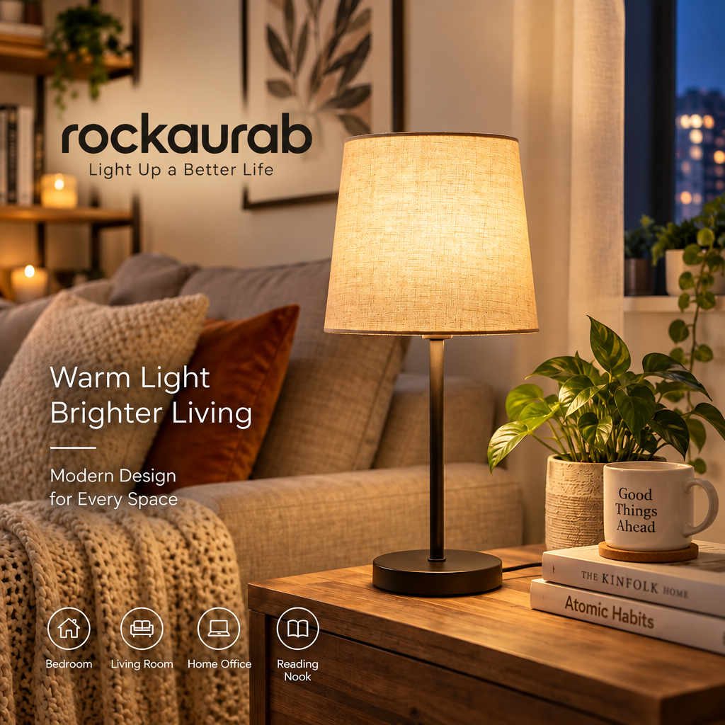 rockaurab Contemporary Small Table Lamp – Warm Light Tapered Drum Shade Lamp with Heavy Metal Base for Nightstand & Reading Nook