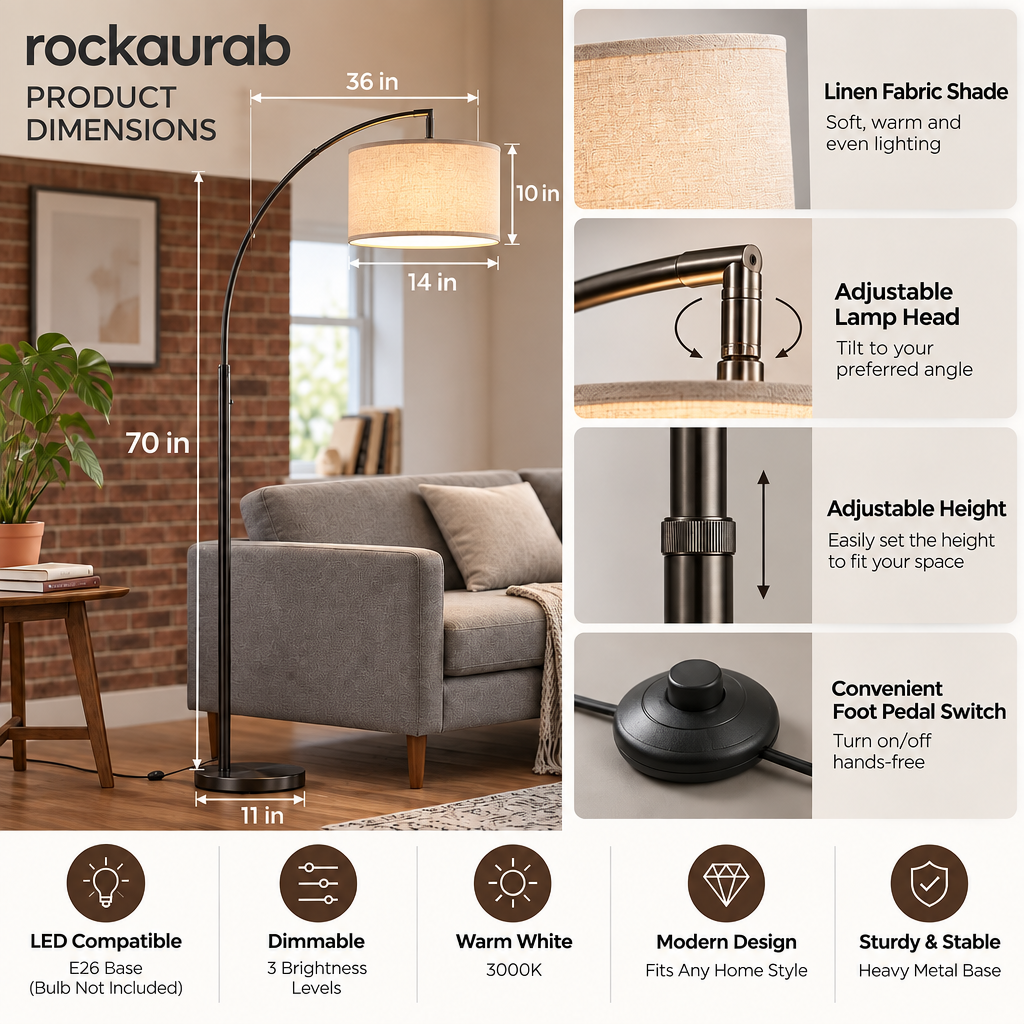 rockaurab Arched Floor Lamp with 3-Way Dimmable Warm White Light (3000K) – Adjustable Height & Head Tall Standing Lamp for Office & Reading Nook