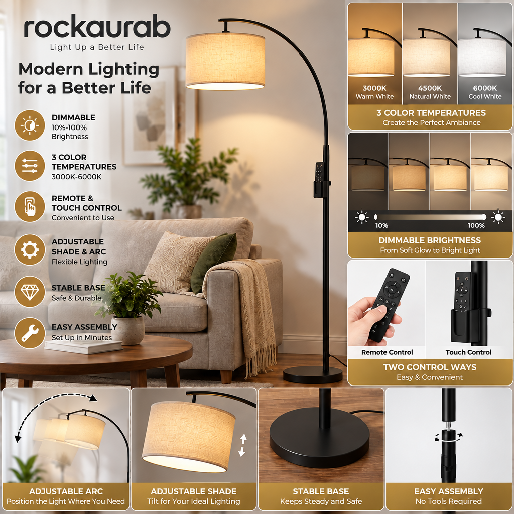 rockaurab Modern LED Arc Floor Lamp with Remote & Touch Control – Dimmable (10%-100%) Arched Standing Reading Light with Fabric Drum Shade for Living Room & Bedroom