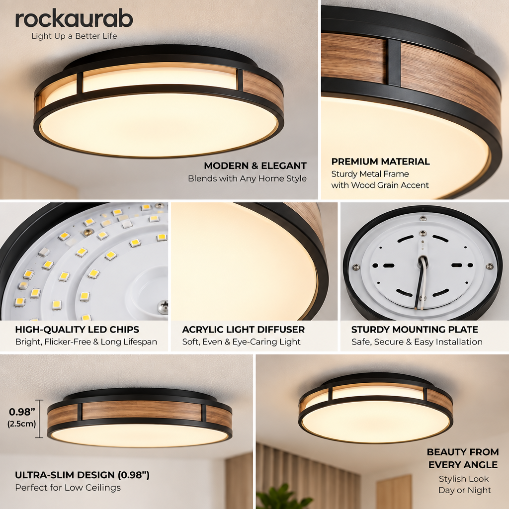 rockaurab Ultra-Slim (0.98") Round LED Ceiling Lamp with Natural Wood Grain Accent – Dimmable 3CCT Overhead Light Fixture for Living Room, Bedroom & Hallway