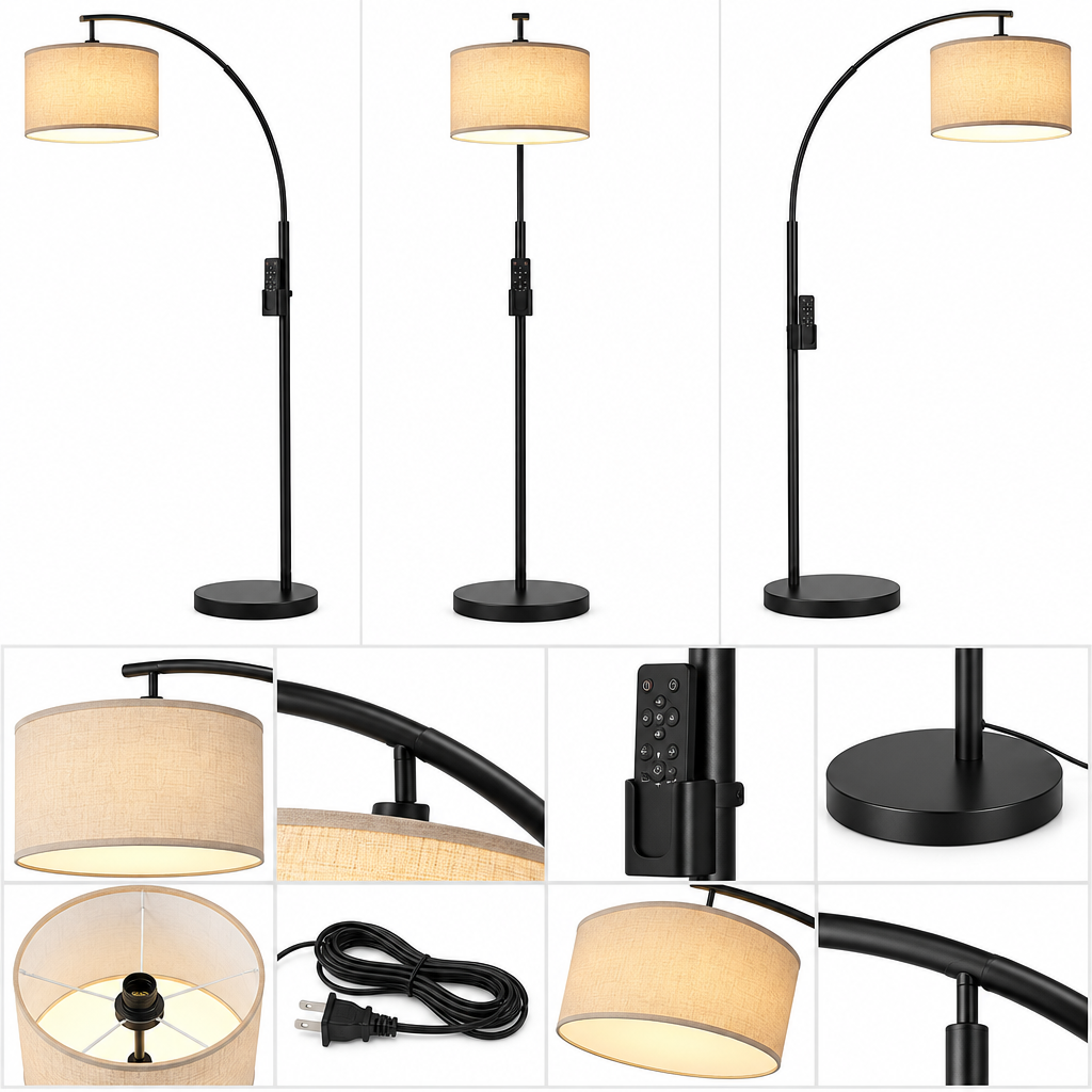 rockaurab Modern LED Arc Floor Lamp with Remote & Touch Control – Dimmable (10%-100%) Arched Standing Reading Light with Fabric Drum Shade for Living Room & Bedroom