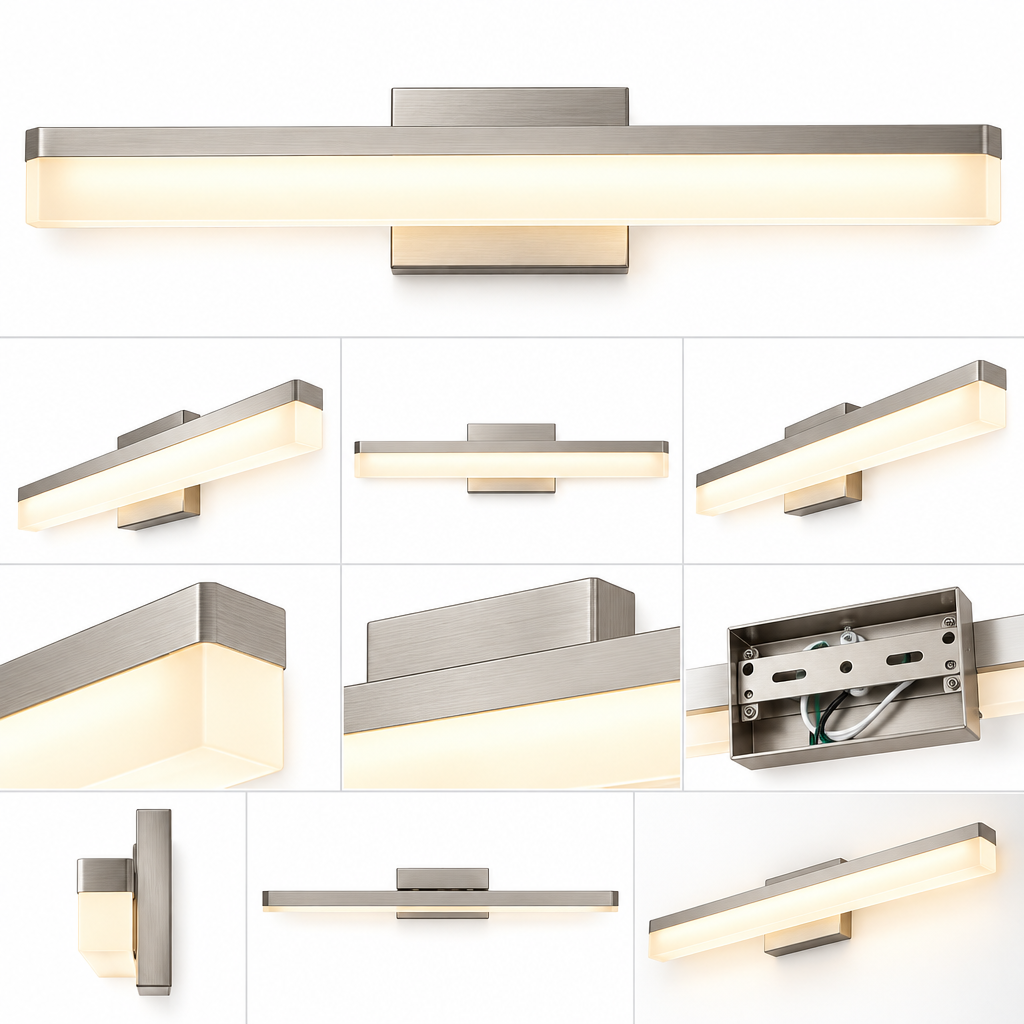 rockaurab Modern LED Bathroom Vanity Light – 24W Dimmable Brushed Nickel Wall Sconce, 3000K Warm White Glow Over-Mirror Lighting (UL Listed)