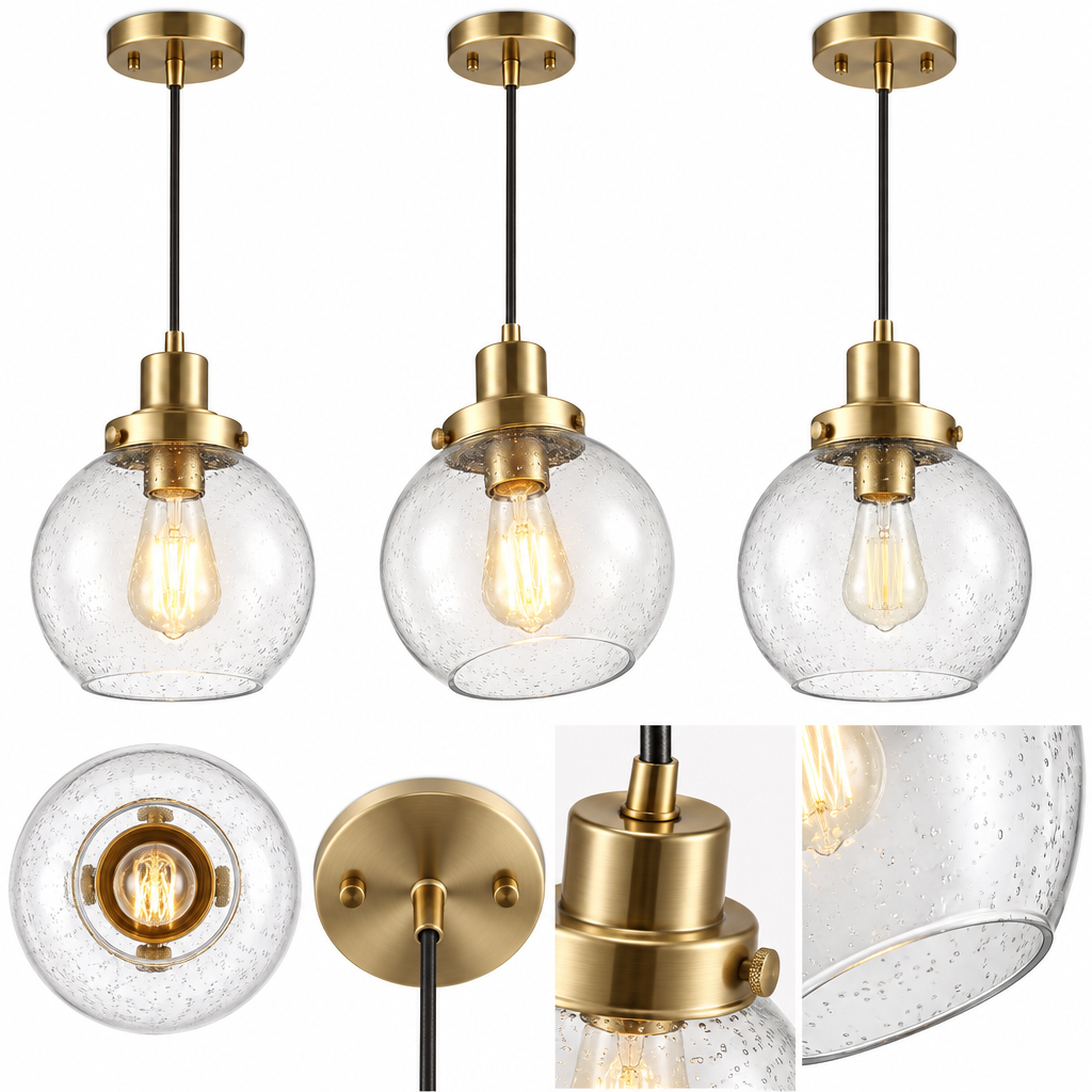 rockaurab Modern Globe Pendant Light with Clear Seeded Glass Shade – Brushed Brass Industrial Farmhouse Hanging Light Fixture for Kitchen Island, Dining Table & Hallway