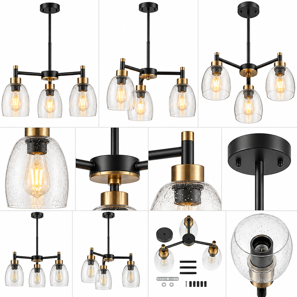 rockaurab Contemporary 3-Light Dining Room Chandelier – Dimmable Warm Glow Hanging Ceiling Fixture with Clear Seeded Glass for Kitchen Island & Living Room