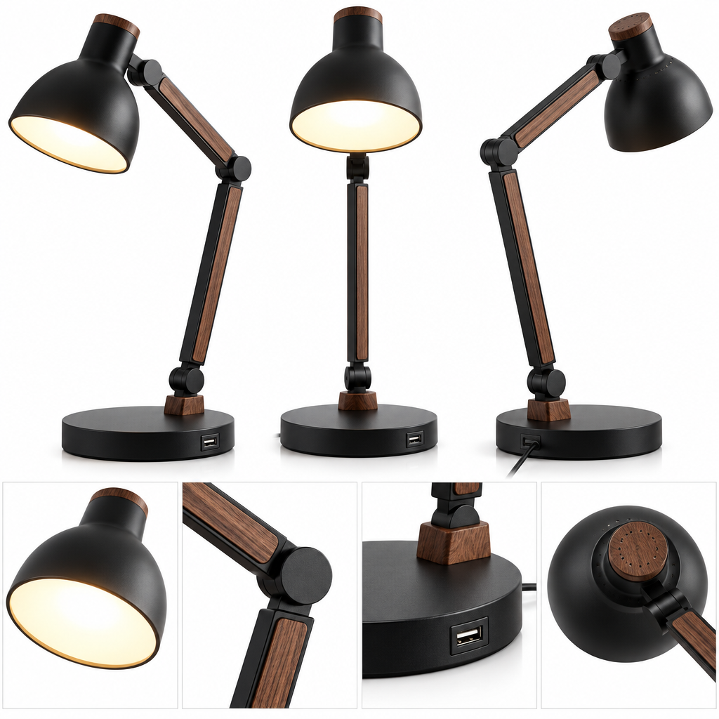 rockaurab Modern Matte Black & Wood Desk Lamp – Adjustable Swing Arm Reading Lamp with 3 Color Modes & 5 Brightness Levels