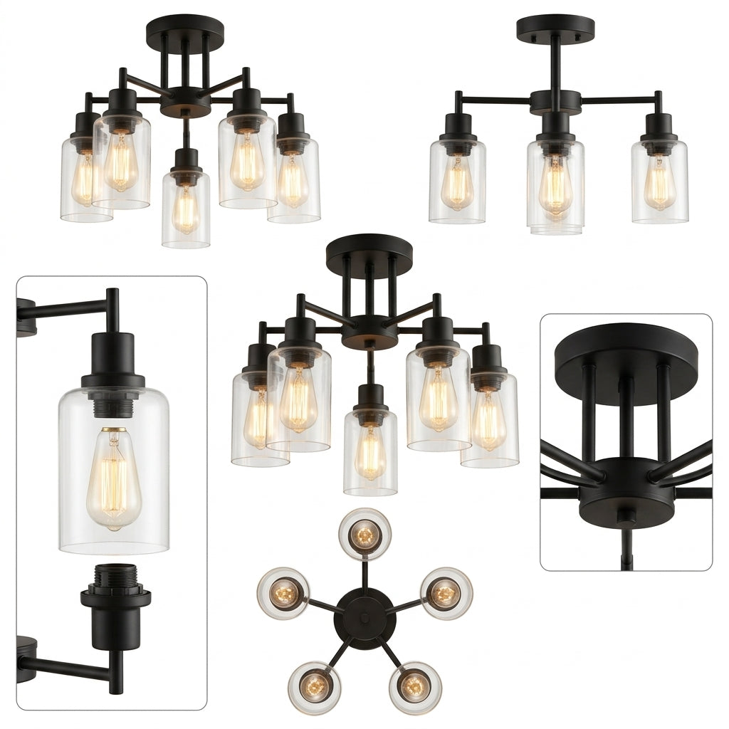 rockaurab Contemporary 5-Light Industrial Ceiling Fixture – Dimmable Matte Black Hanging Lamp with Clear Glass Shades for Dining Room, Living Room & Kitchen
