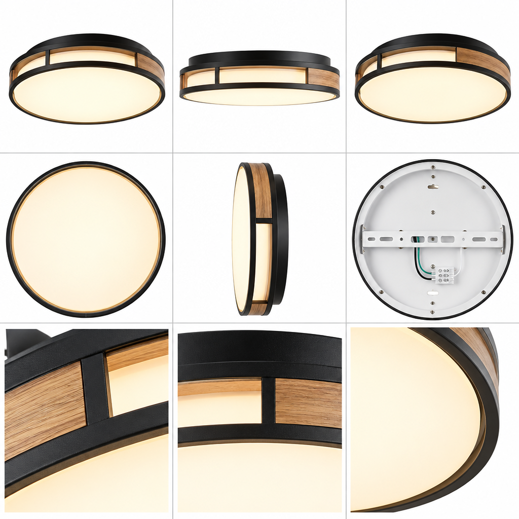 rockaurab Ultra-Slim (0.98") Round LED Ceiling Lamp with Natural Wood Grain Accent – Dimmable 3CCT Overhead Light Fixture for Living Room, Bedroom & Hallway