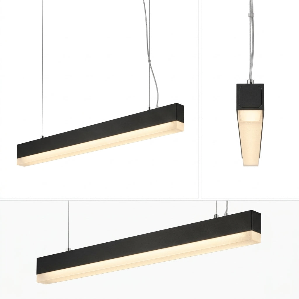 rockaurab Modern LED Linear Pendant Chandelier – Matte Black Hanging Ceiling Fixture with Anti-Glare Acrylic Diffuser for Kitchen Island, Dining Room & Conference Table