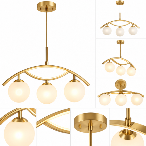 rockaurab Contemporary Brushed Brass Linear Pendant Lighting – 3-Light Frosted Milk Glass Chandelier for Kitchen Island, Dining Table & Living Room