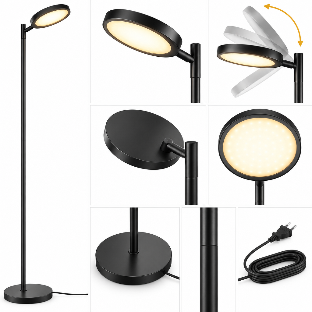 rockaurab Modern LED Torchiere Floor Lamp – Stepless Dimmable Standing Pole Light with Adjustable Swivel Head & Color Temperature for Living Room & Bedroom