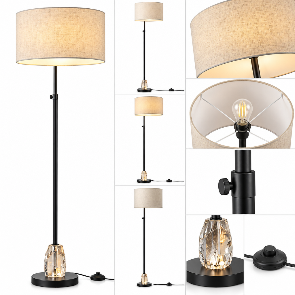 rockaurab Modern LED Floor Lamp with Natural Rock Crystal Accent Base – Height Adjustable (55-65") Dimmable Standing Pole Lamp with Drum Fabric Shade for Living Room & Bedroom