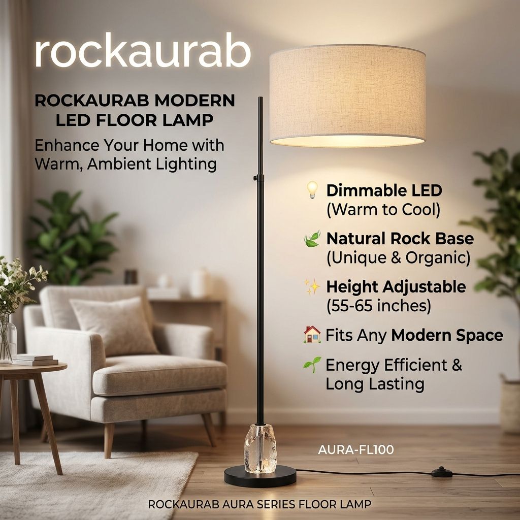 rockaurab Modern LED Floor Lamp with Natural Rock Crystal Accent Base – Height Adjustable (55-65") Dimmable Standing Pole Lamp with Drum Fabric Shade for Living Room & Bedroom