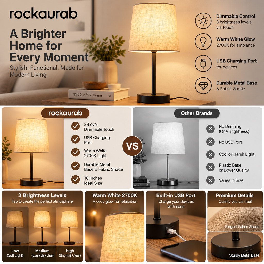 rockaurab Contemporary Small Table Lamp – Warm Light Tapered Drum Shade Lamp with Heavy Metal Base for Nightstand & Reading Nook