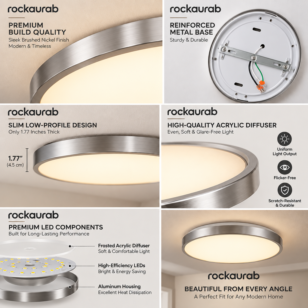 rockaurab Flush Mount LED Ceiling Light Fixture – Modern Brushed Nickel Round Ceiling Lamp, Ultra-Bright 2400 Lumens for Living Room, Bedroom, Kitchen & Hallway