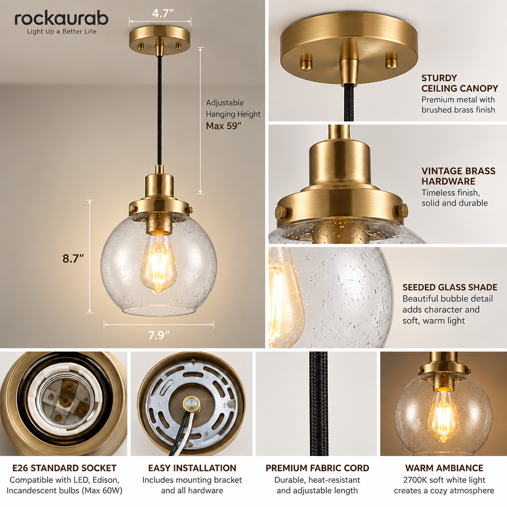 rockaurab Modern Globe Pendant Light with Clear Seeded Glass Shade – Brushed Brass Industrial Farmhouse Hanging Light Fixture for Kitchen Island, Dining Table & Hallway