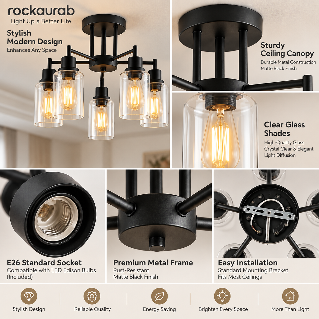 rockaurab Contemporary 5-Light Industrial Ceiling Fixture – Dimmable Matte Black Hanging Lamp with Clear Glass Shades for Dining Room, Living Room & Kitchen
