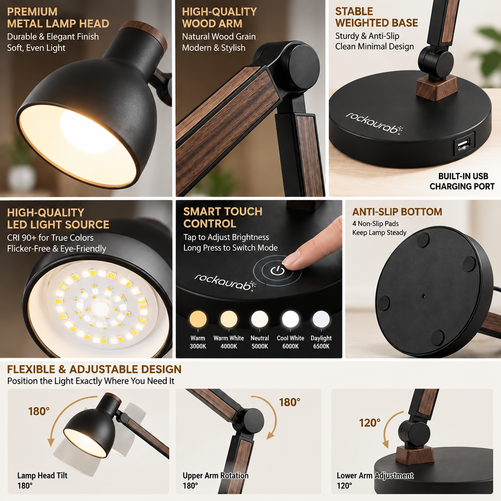 rockaurab Modern Matte Black & Wood Desk Lamp – Adjustable Swing Arm Reading Lamp with 3 Color Modes & 5 Brightness Levels