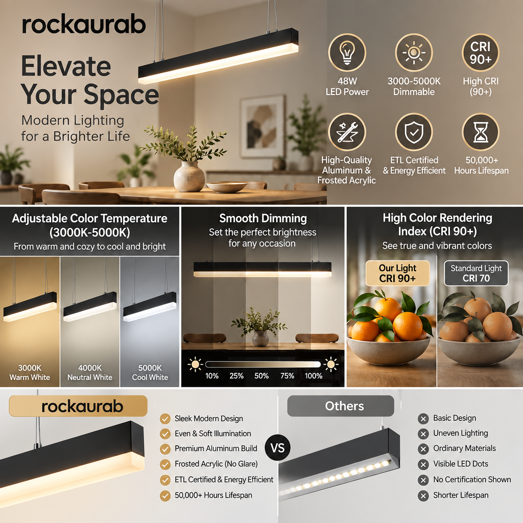rockaurab Modern LED Linear Pendant Chandelier – Matte Black Hanging Ceiling Fixture with Anti-Glare Acrylic Diffuser for Kitchen Island, Dining Room & Conference Table