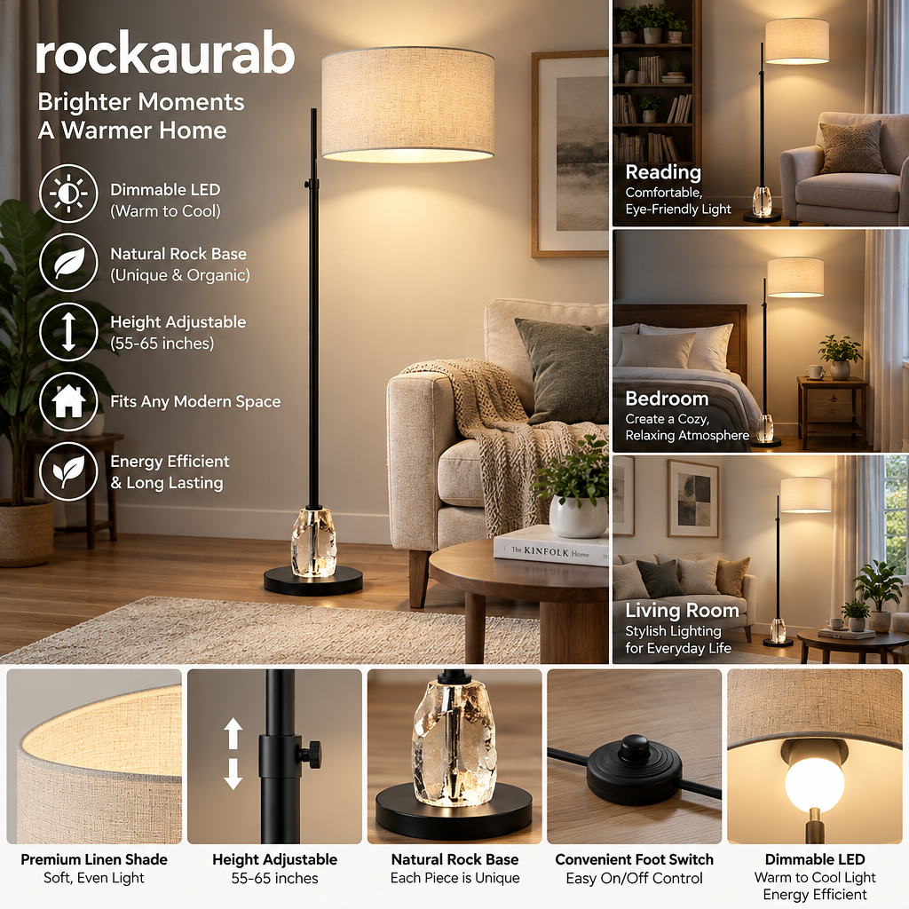 rockaurab Modern LED Floor Lamp with Natural Rock Crystal Accent Base – Height Adjustable (55-65") Dimmable Standing Pole Lamp with Drum Fabric Shade for Living Room & Bedroom