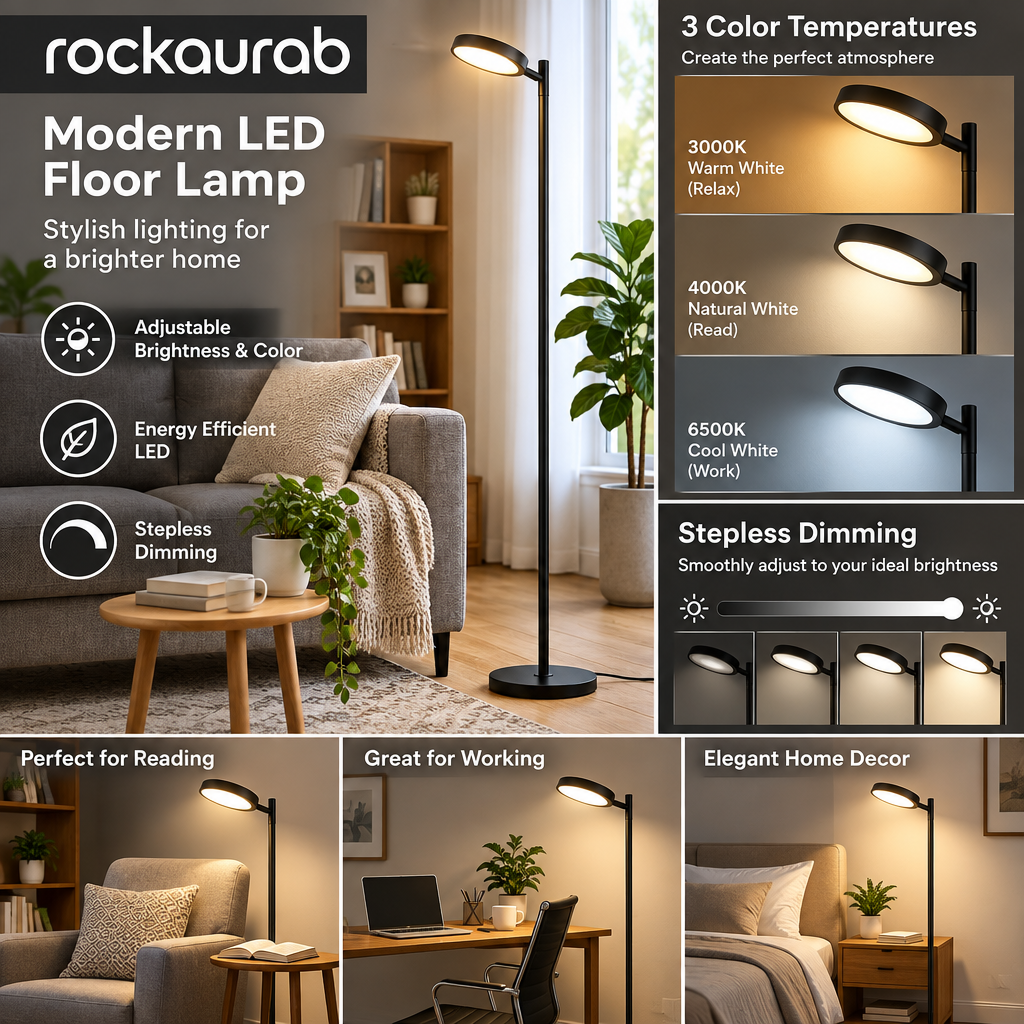rockaurab Modern LED Torchiere Floor Lamp – Stepless Dimmable Standing Pole Light with Adjustable Swivel Head & Color Temperature for Living Room & Bedroom