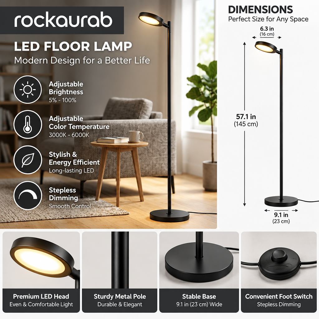 rockaurab Modern LED Torchiere Floor Lamp – Stepless Dimmable Standing Pole Light with Adjustable Swivel Head & Color Temperature for Living Room & Bedroom