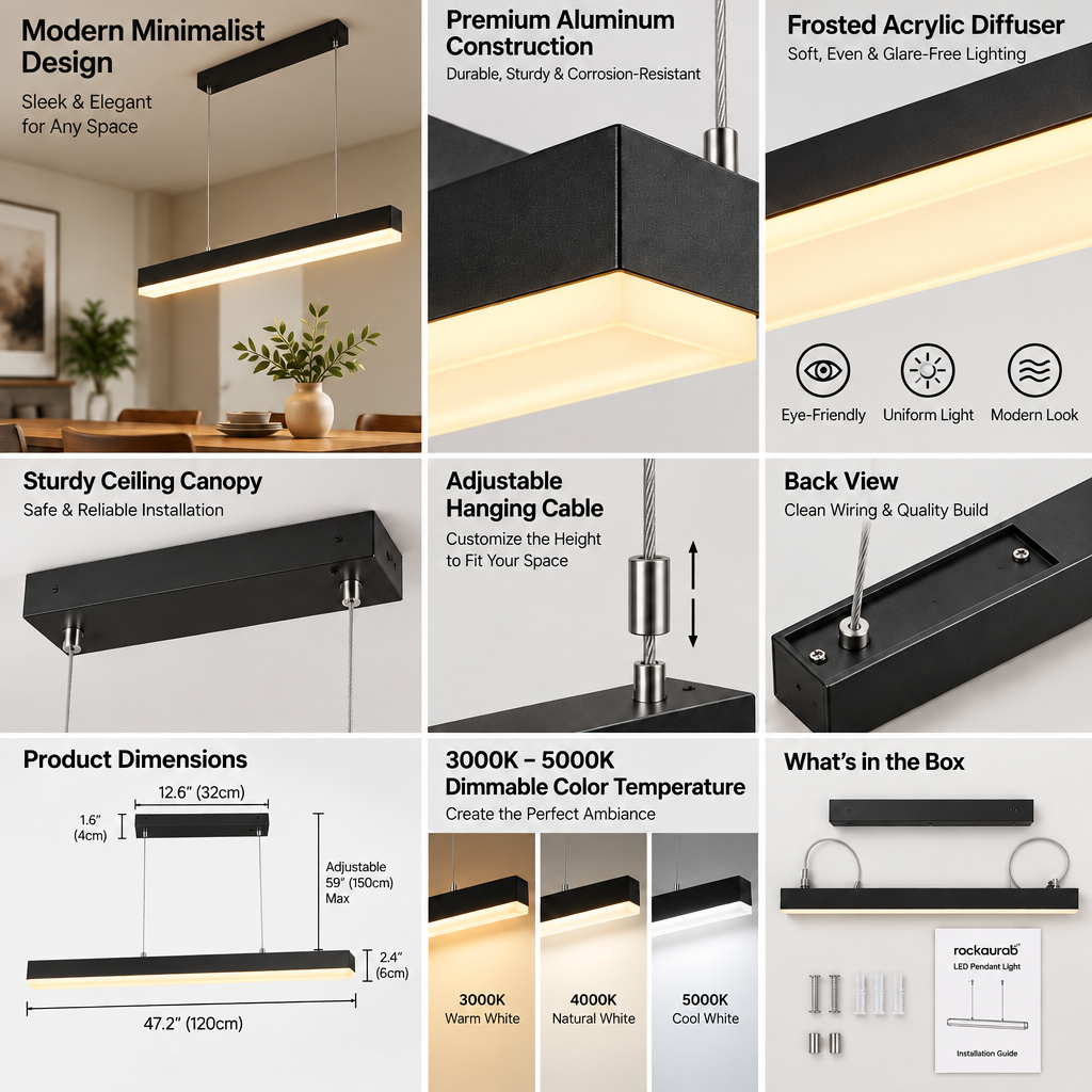 rockaurab Modern LED Linear Pendant Chandelier – Matte Black Hanging Ceiling Fixture with Anti-Glare Acrylic Diffuser for Kitchen Island, Dining Room & Conference Table