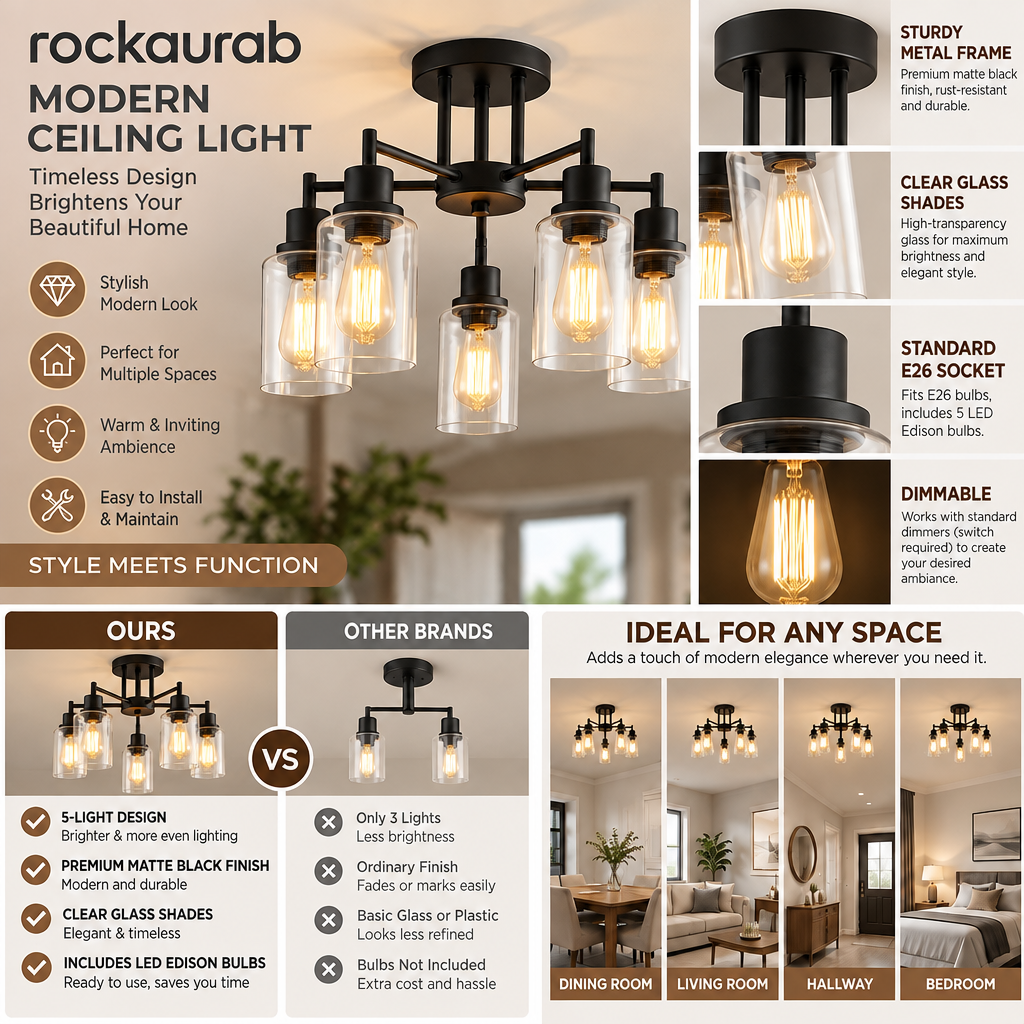 rockaurab Contemporary 5-Light Industrial Ceiling Fixture – Dimmable Matte Black Hanging Lamp with Clear Glass Shades for Dining Room, Living Room & Kitchen