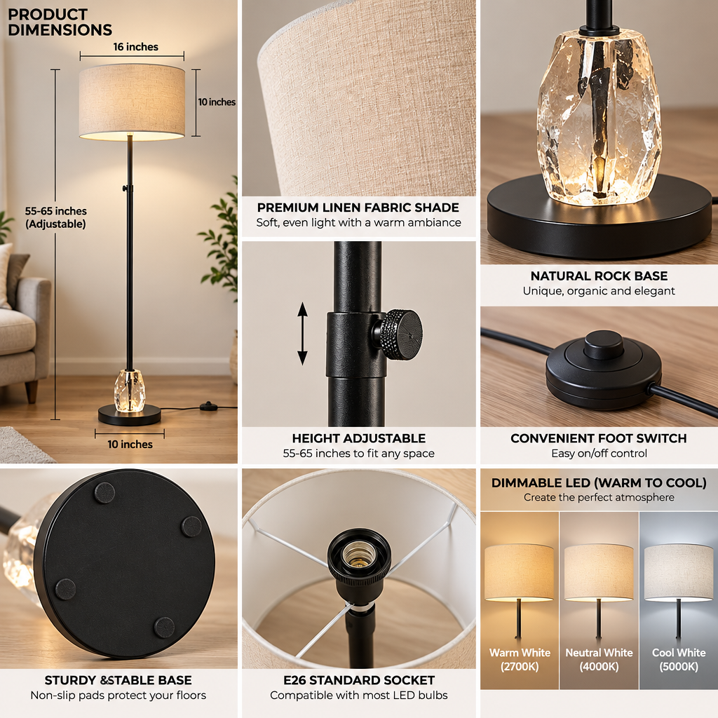 rockaurab Modern LED Floor Lamp with Natural Rock Crystal Accent Base – Height Adjustable (55-65") Dimmable Standing Pole Lamp with Drum Fabric Shade for Living Room & Bedroom