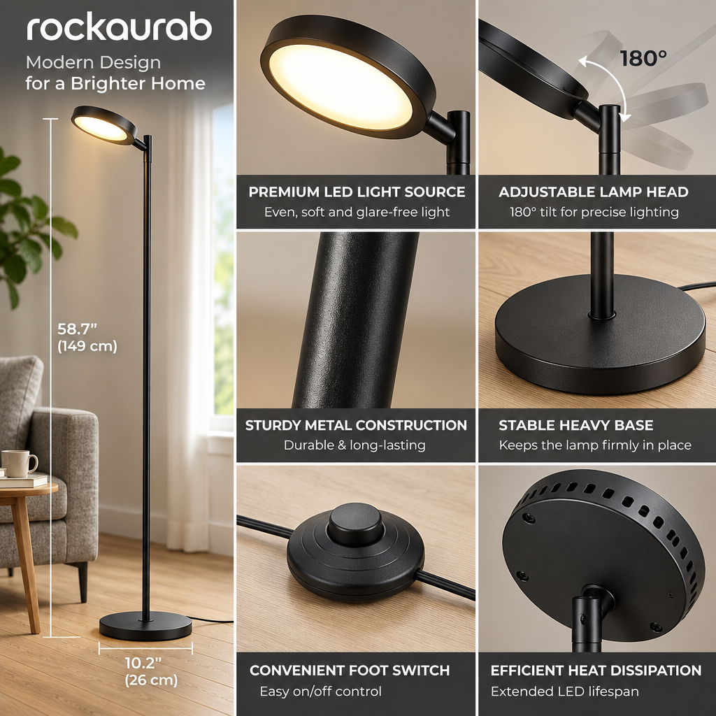 rockaurab Modern LED Torchiere Floor Lamp – Stepless Dimmable Standing Pole Light with Adjustable Swivel Head & Color Temperature for Living Room & Bedroom