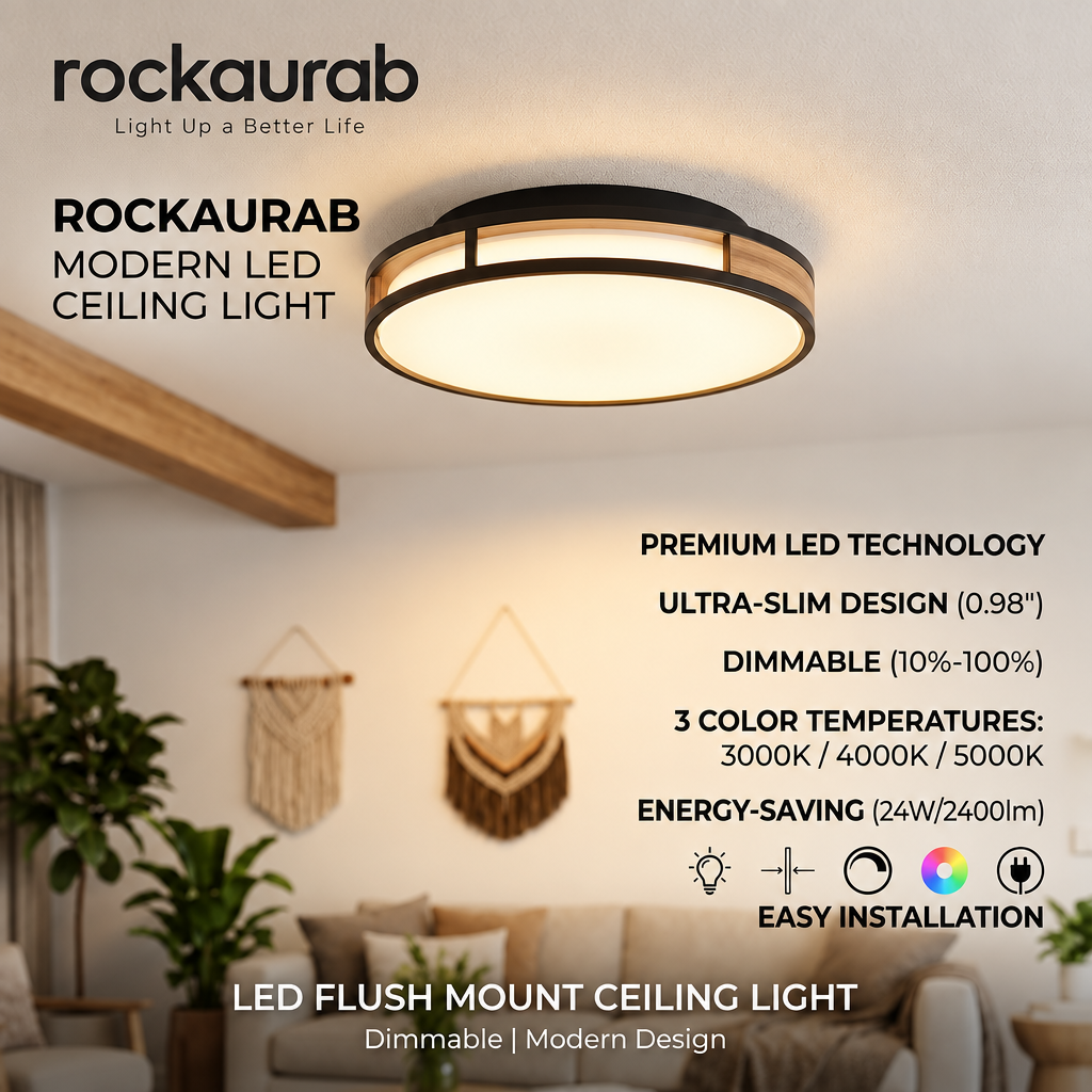 rockaurab Ultra-Slim (0.98") Round LED Ceiling Lamp with Natural Wood Grain Accent – Dimmable 3CCT Overhead Light Fixture for Living Room, Bedroom & Hallway